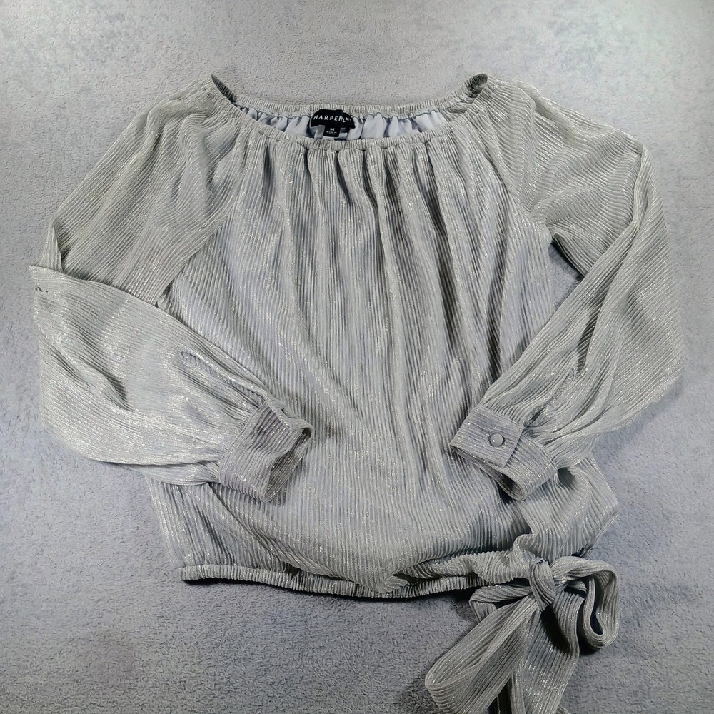 Harper241 Womens Blouse Silver Medium Metallic Pleated Off-Shoulder Side Tie